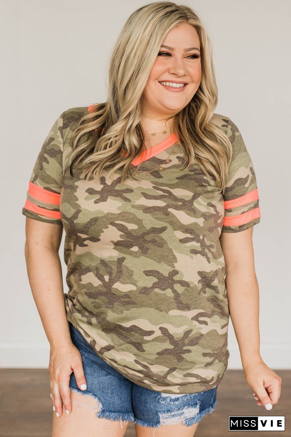 Camo Striped Print V Neck Plus Size Top