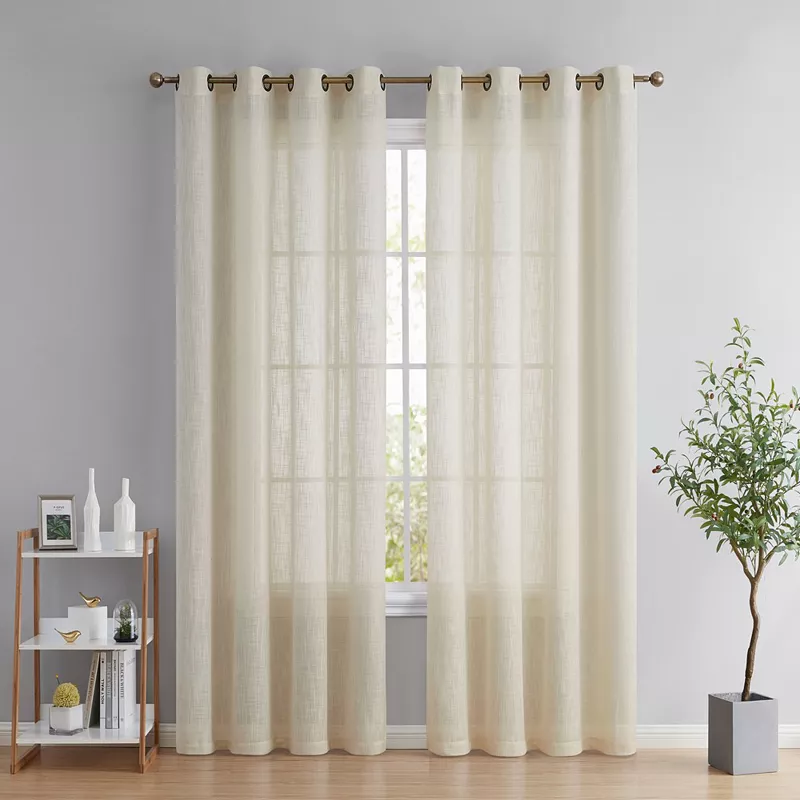 THD Serena Faux Linen Textured Semi Sheer Privacy Sun Light Filtering Transparent Window Grommet Long Thick Curtains Drapery Panels for Bedroom and Living Room， Set of 2