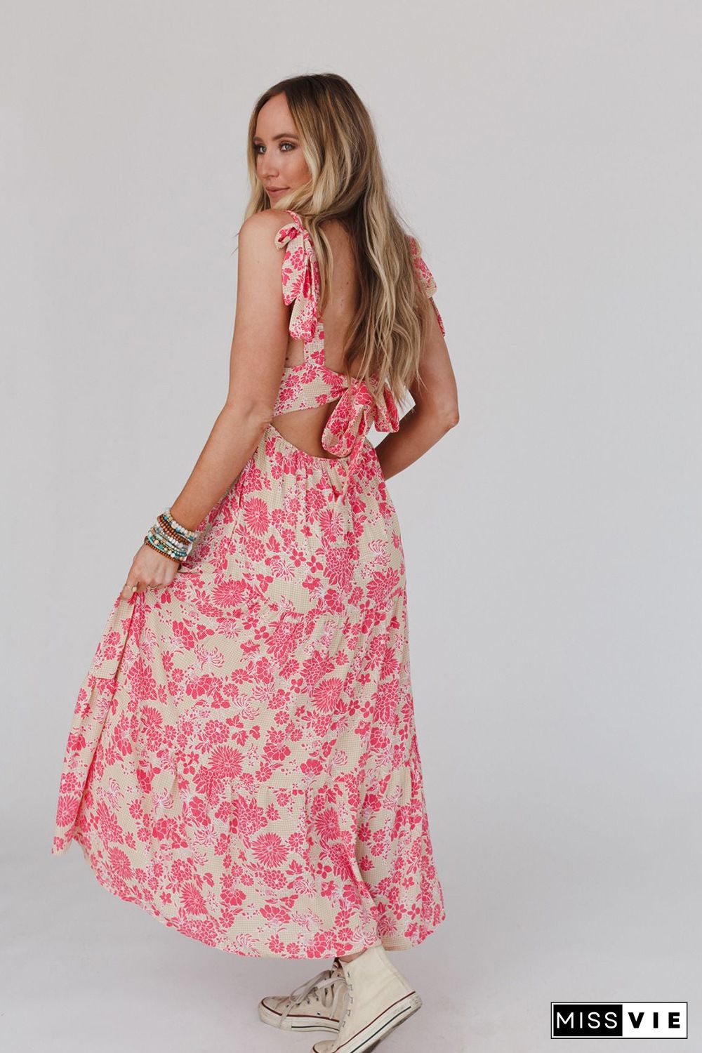 Pink Gingham Floral Tie Shoulder Maxi Dress