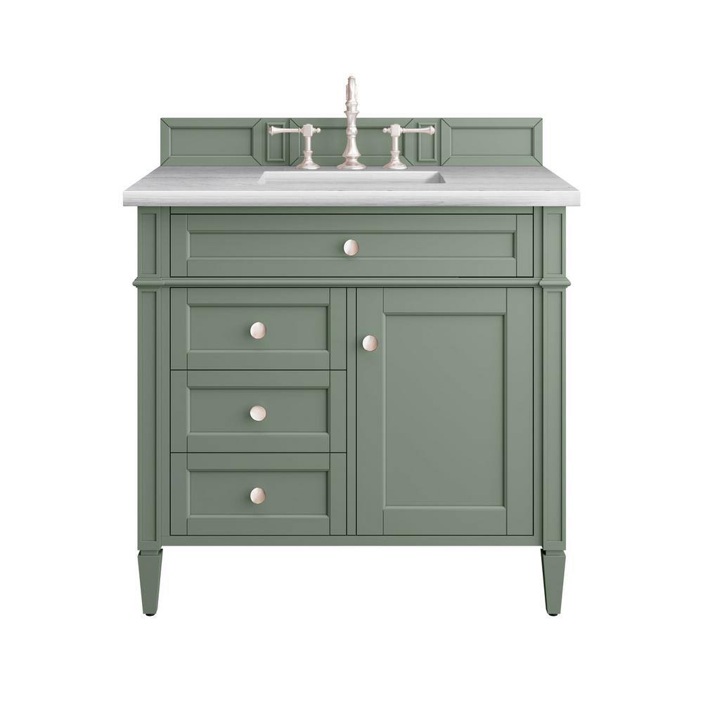 James Martin Vanities Brittany 36.0 in. W x 23.5 in. D x 33.8 in. H Bathroom Vanity in Smokey Celadon with Arctic Fall Solid Surface Top 650-V36-SC-3AF