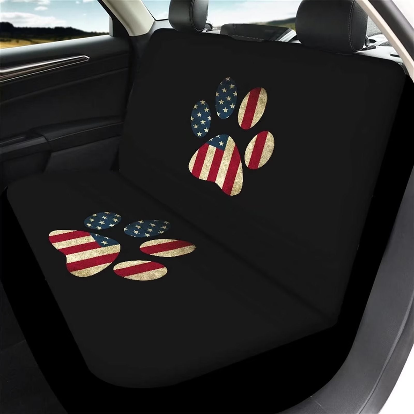 FKELYI American Flag Pet Paw Car Seat Covers Set of 4pcs，Elastic Front Seat Rear Backrest Cover Seat Cover，4 of July Patriotic Auto Car Seat Cushion Cover Accessories，Universal Fit