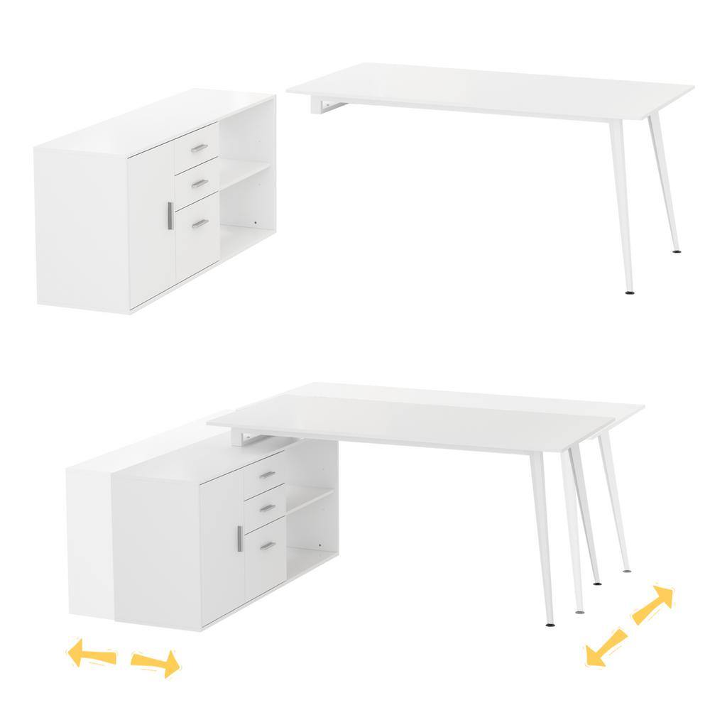 FUFUGAGA 63 in. W-28.7 in. H White Computer Desk with 3-Drawers 1-Storage Cabinet and 2-Adjustable Shelves DRF-KF210153-12