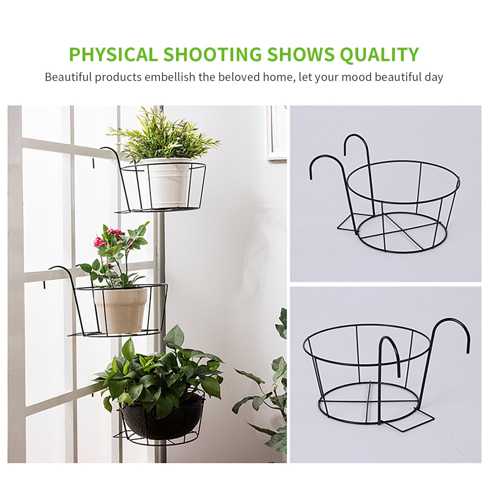 Fridja Hanging Railing Planters Flower Pot Holders Plant Iron Racks Fence Metal Potted Stand Mounted Balcony Round Plant Baskets Shelf Container Box