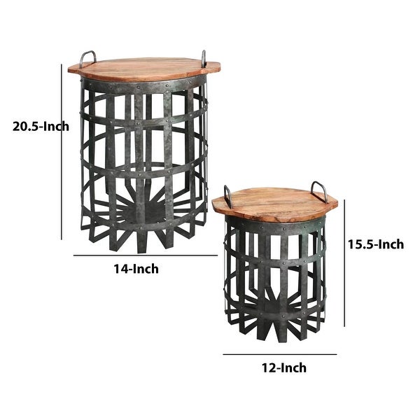 Industrial Grid Galvanized Accent End Table with Round Lid and Handles， Set of 2， Gray and Brown