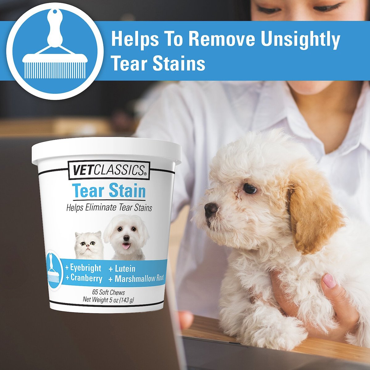 VetClassics Tear Stain Soft Chews Dog and Cat Supplement， 65 count