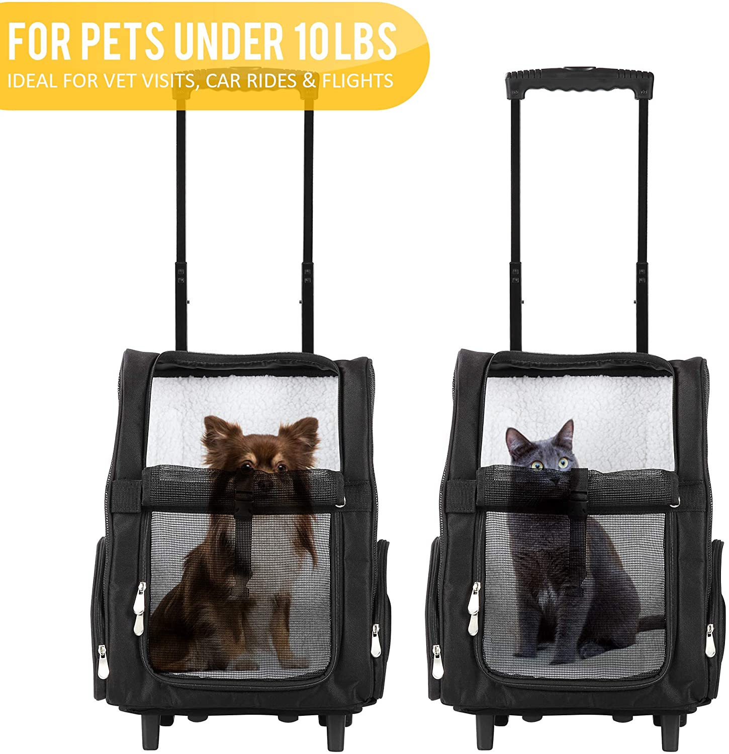 Deluxe Backpack Pet Travel Carrier with Double Wheels - Black - Approved by Most Airlines