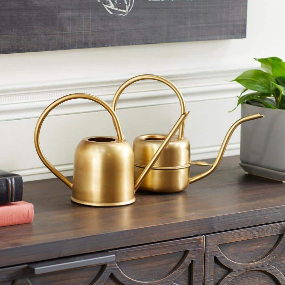 Litton Lane 7 in. and 8 in. Small Gold Metal Watering Can Planter (2-Pack) 045013