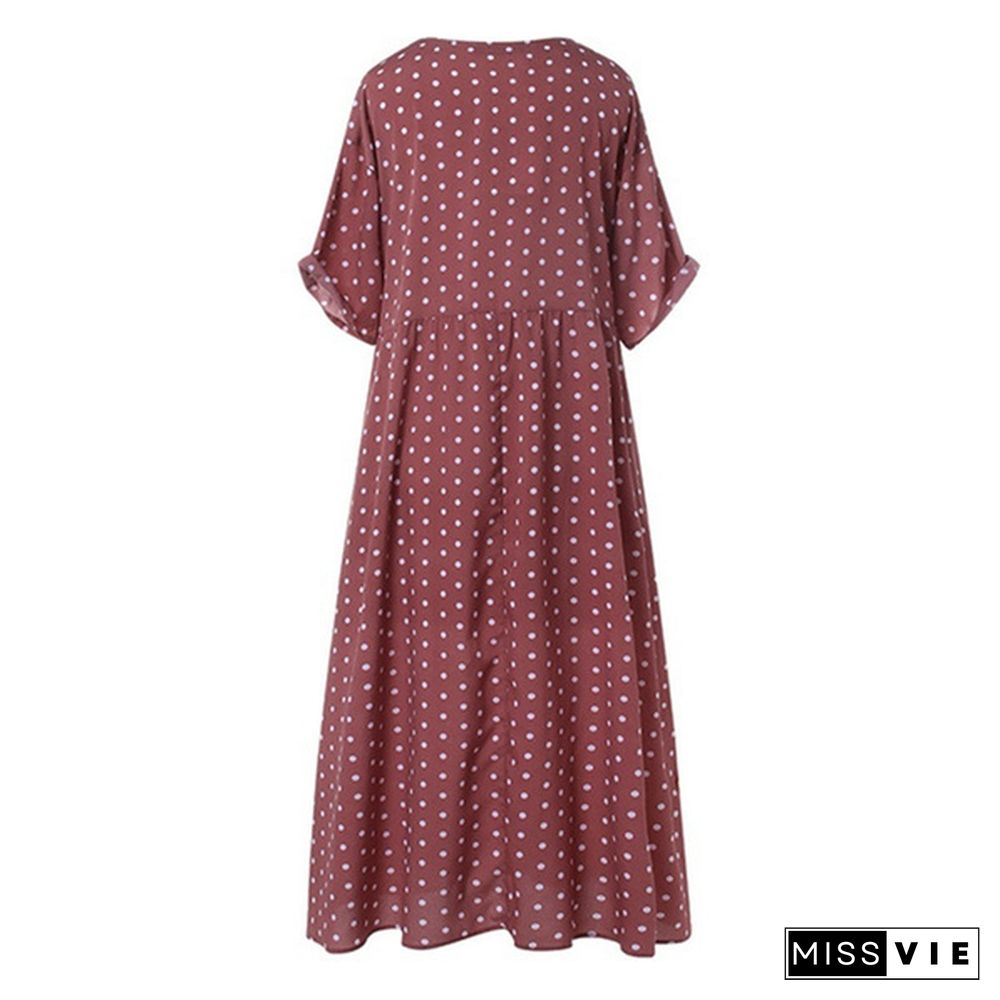 Women Summer Retro Polka Dot Printed Long Dress Casual Loose O-neck Short Sleeve Tunic Dress Maxi Dress Vestidos S-5XL