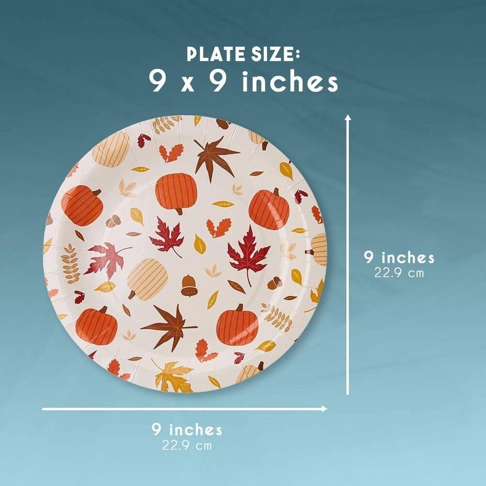 80 Count Disposable Paper Plates  Fall Foliage and Pumpkin Design  9 x 9 Inches
