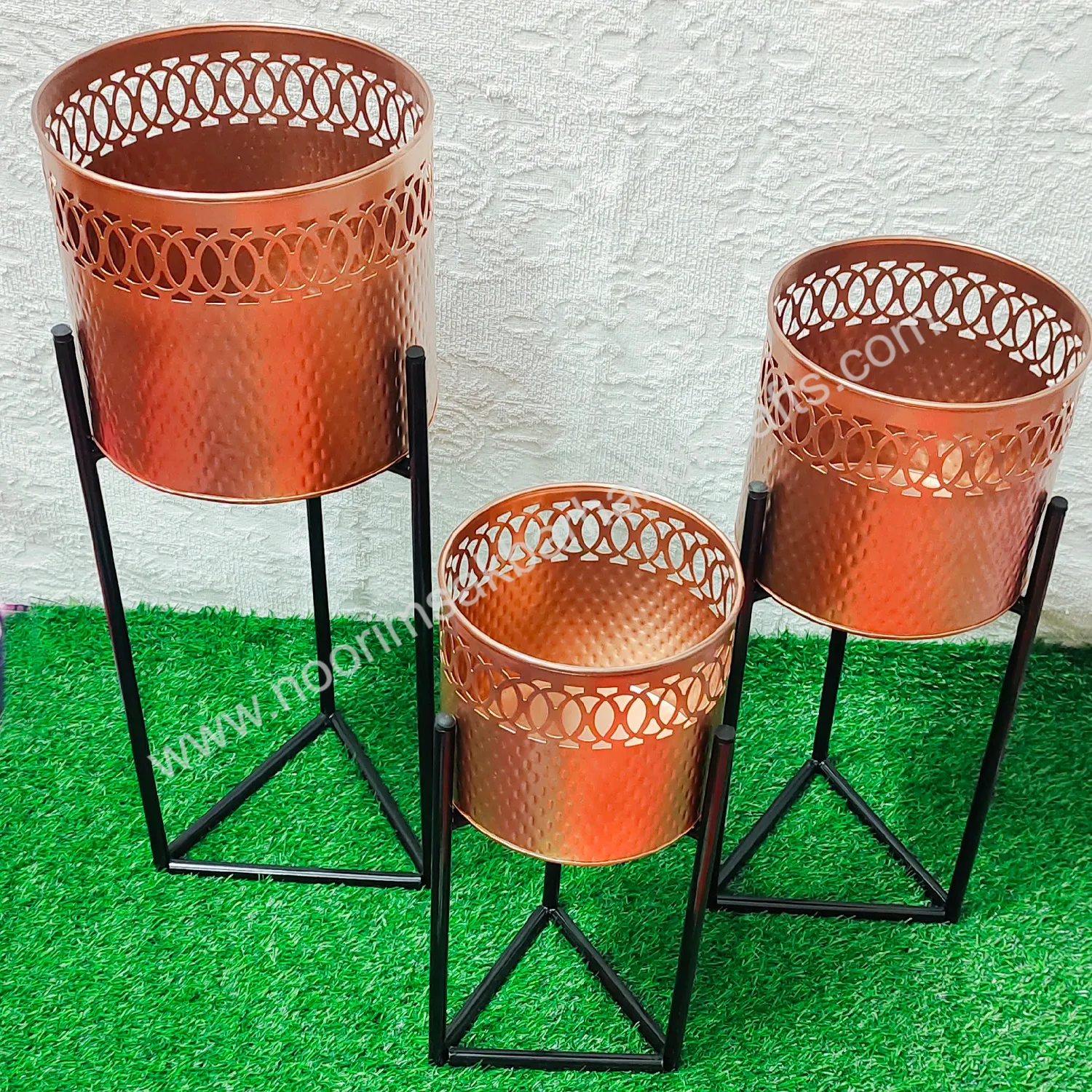 Admirable Design Round Shape Different Sizes Metal Perforated Brass Antique Planters and Pots With Iron Stand At Best Price