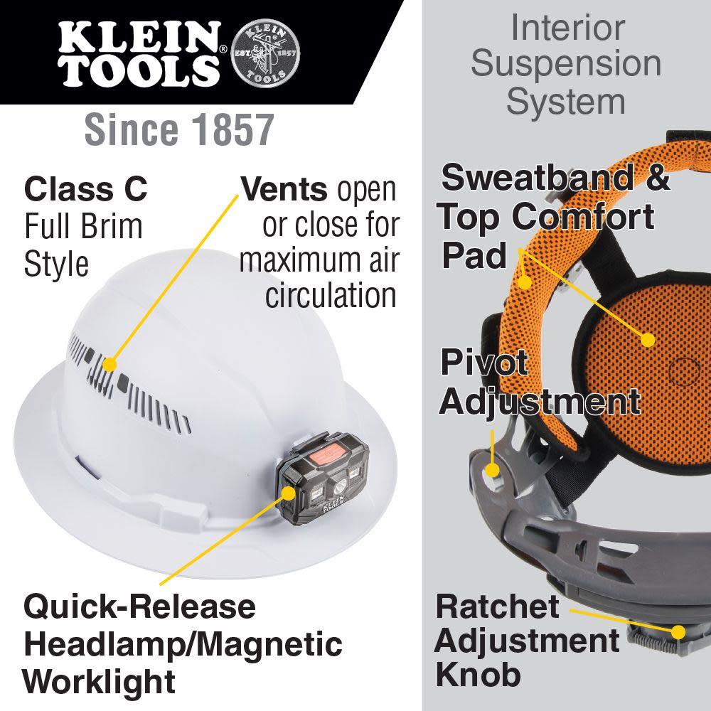 Hard Hat， Vented， Full Brim with Rechargeable Headlamp， White ;