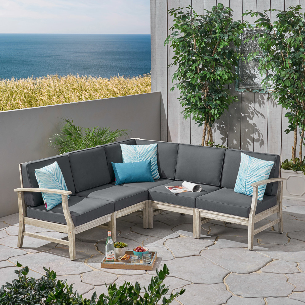 Capri Outdoor 5 Piece Acacia Wood Sectional Sofa Set  Light Gray and Dark Gray   Farmhouse   Outdoor Sofas   by GDFStudio  Houzz