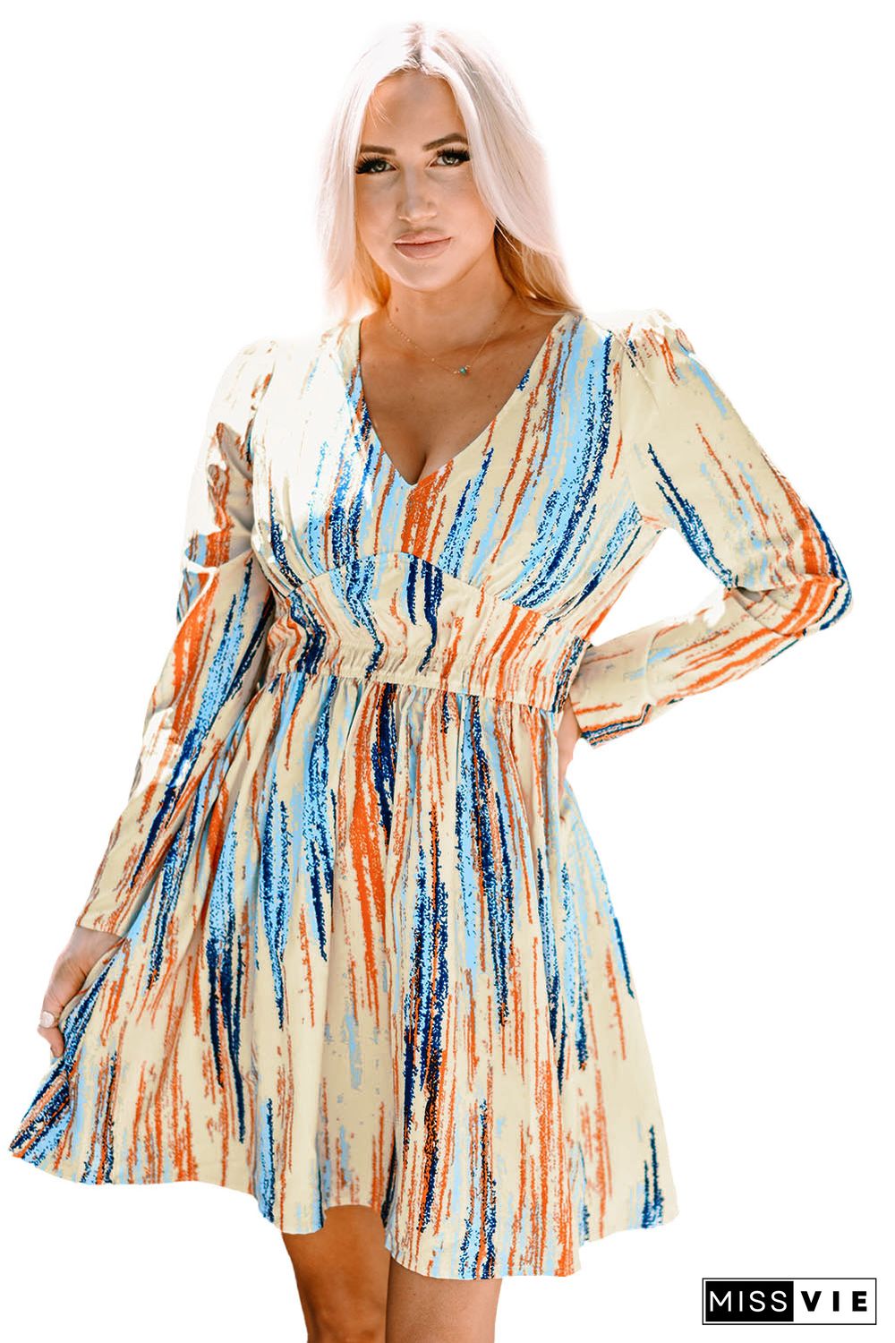 Multicolor Watercolor Printed Long Sleeve Mini Dress