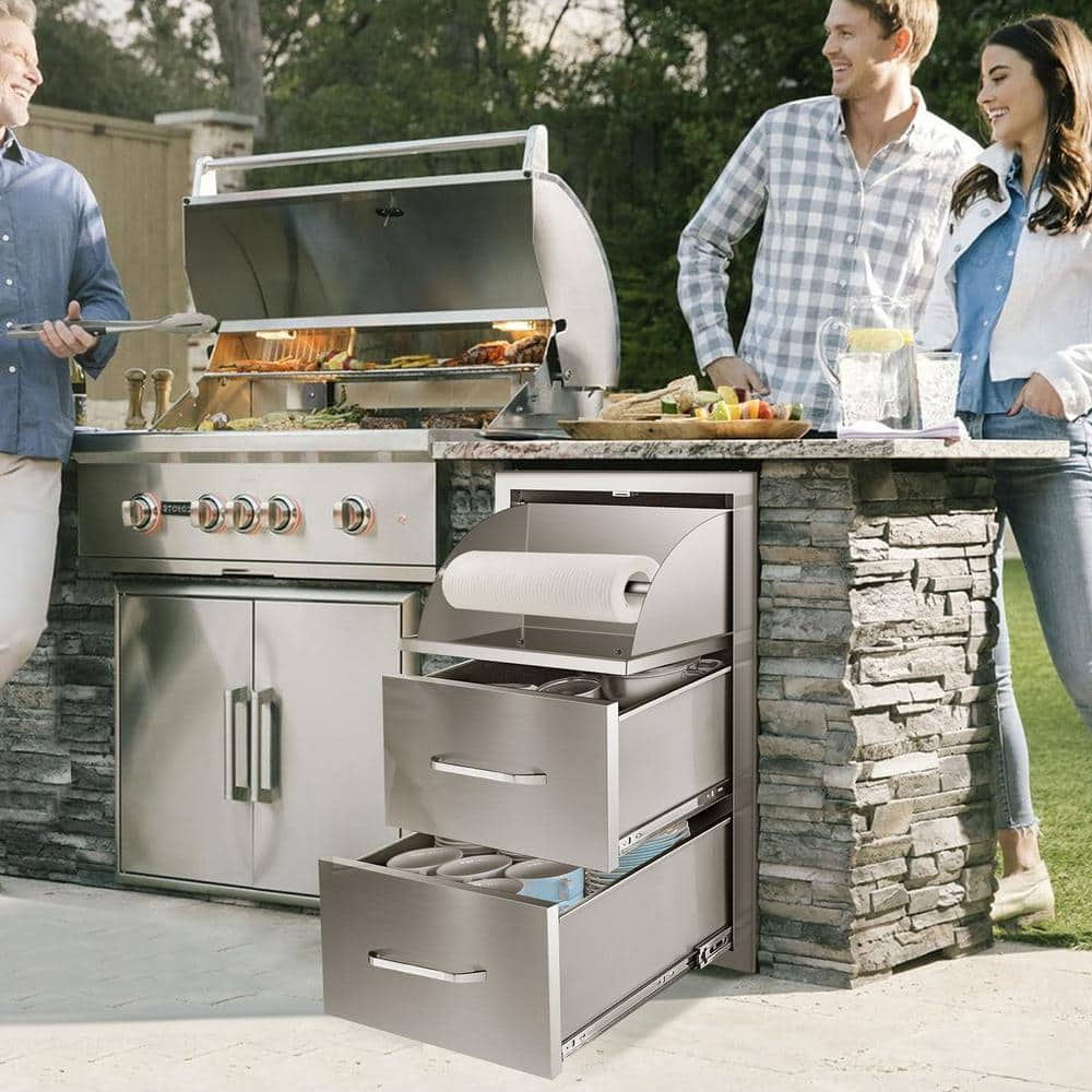 VEVOR Outdoor Kitchen Drawers 17 in. W x 30 in. H x 21 in. D Mount Triple BBQ Drawers with Handle BBQ Island Drawers 30X17YC3CBXGCTG01V0