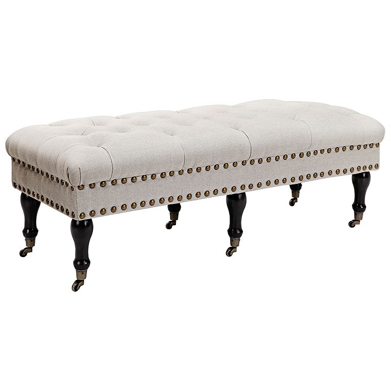 HOMCOM Mobile Upholstered Bench Rolling Button Tufted Fabric Accent Ottoman with Nailhead Trim and Wheels Beige