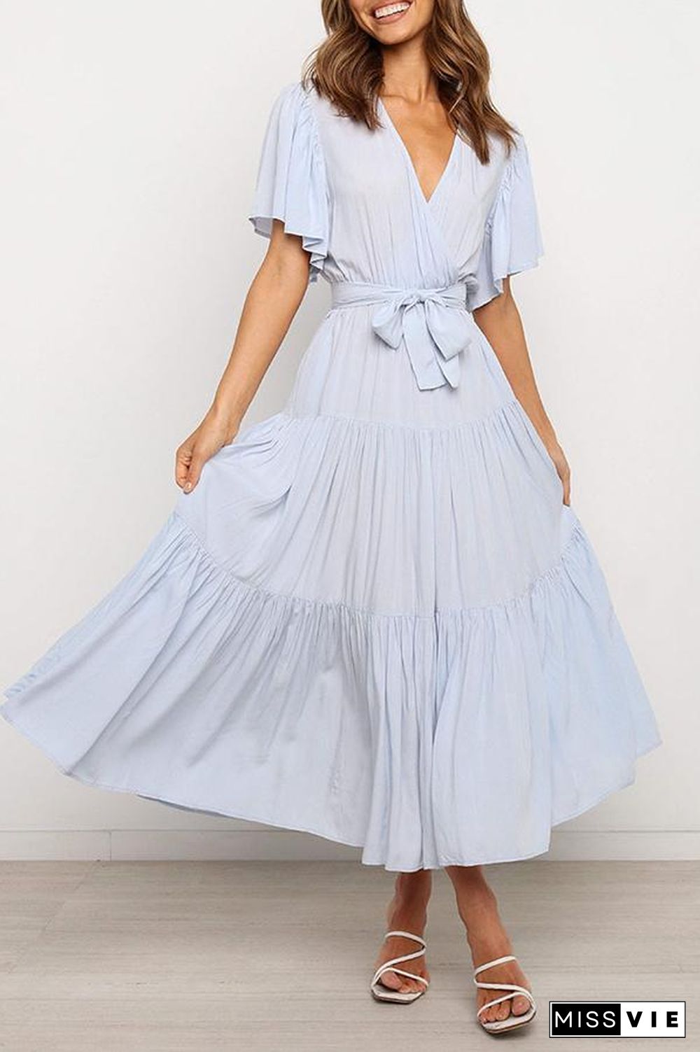 Ruffled Sleeve V-neck Tie Waist Maxi Dress P14492