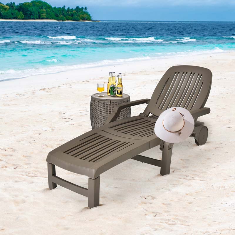 Weatherproof Folding Sun Lounger with Wheels, 6-Position Plastic Outdoor Chaise Lounge Chair for Pool Beach Lawn