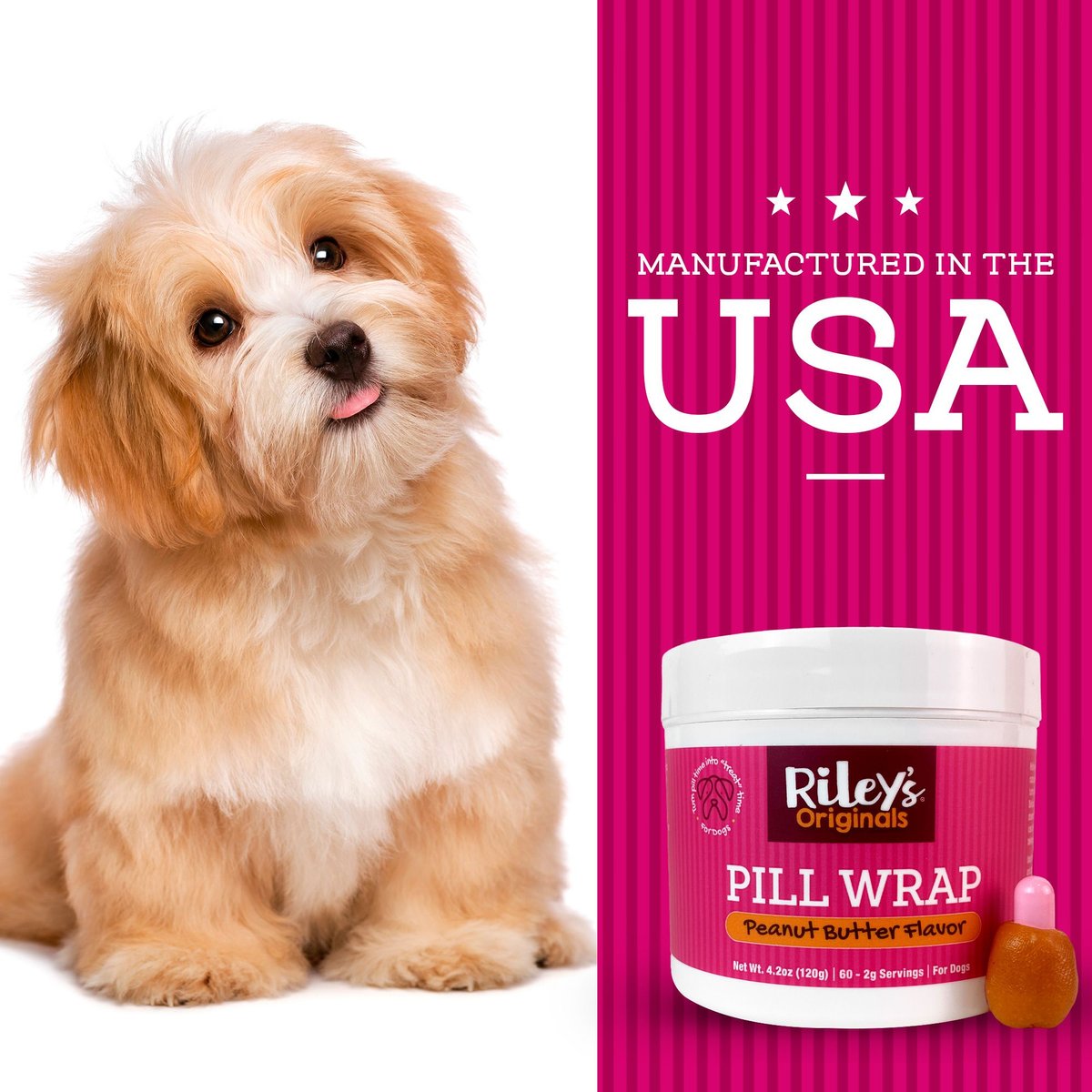 Riley's Originals Delicious Peanut Butter Flavored Pill Wrap Dog Treat， 4.2-oz jar