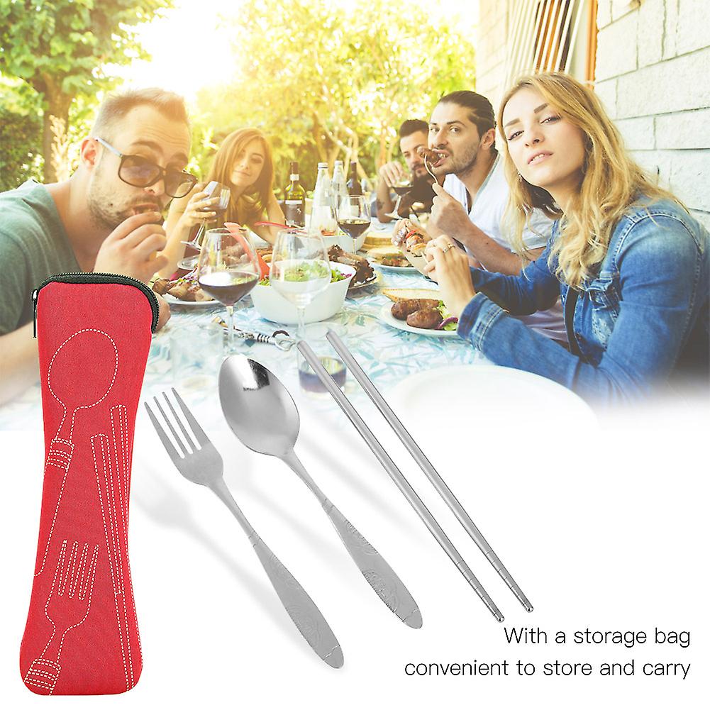 Portable Stainless Steel Spoon Fork Chopsticks With Storage Bag Camping Tableware Set(red)