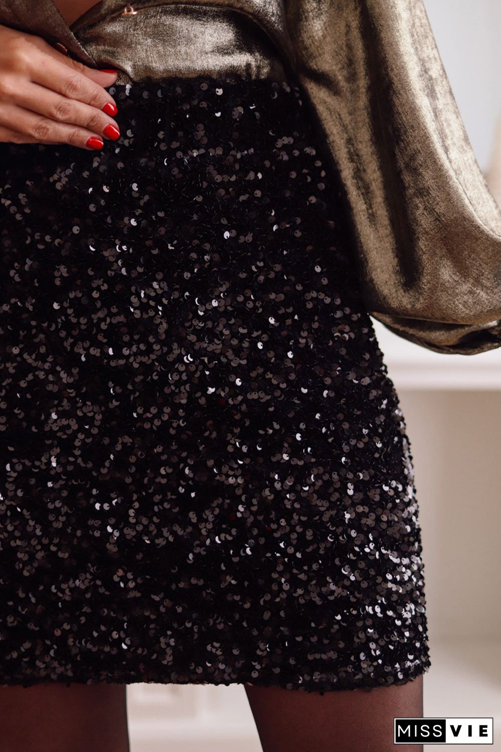 Black Sequin Bodycon Mini Skirt