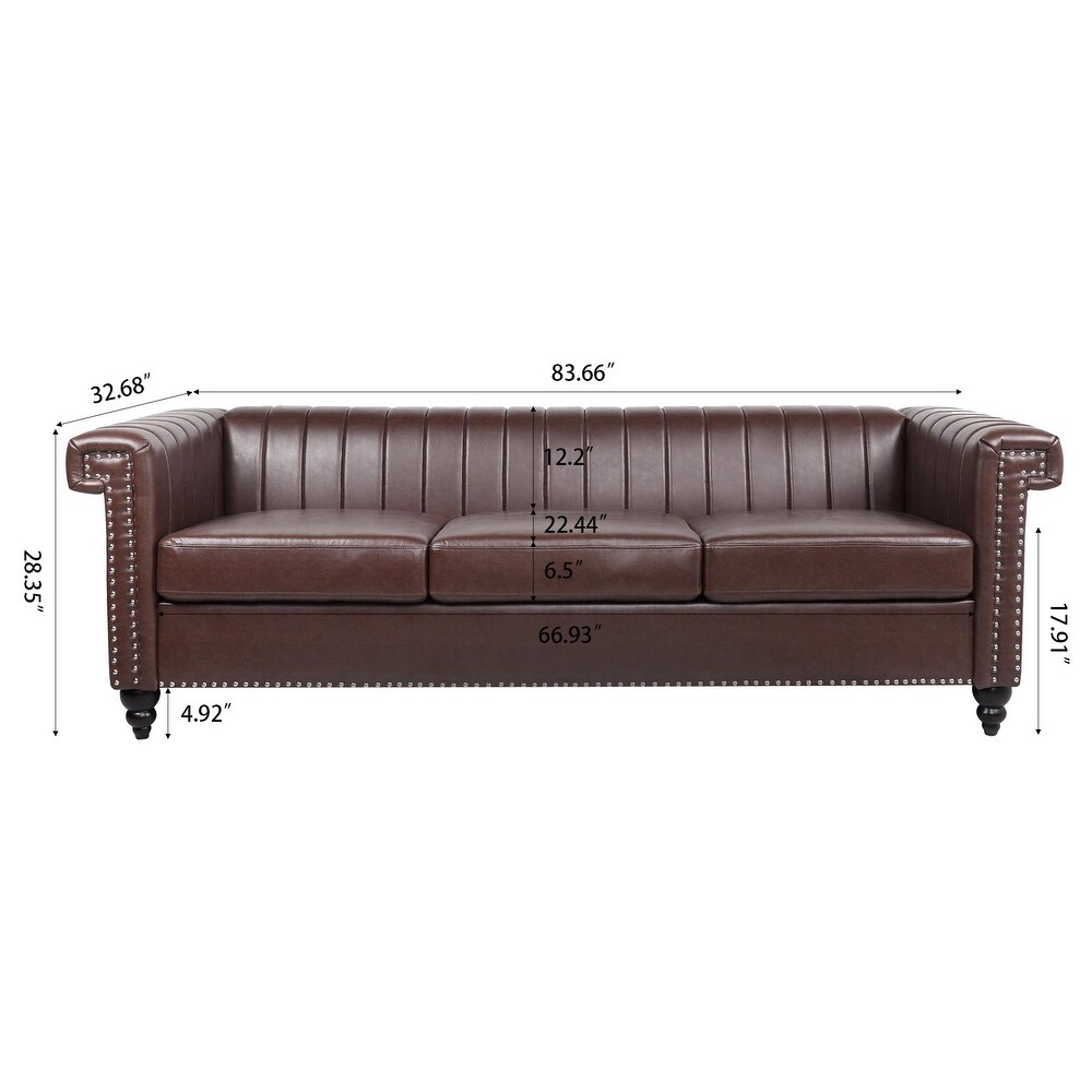 Removable Cushion Couch PU 3 Seater Sofa w/ Nailheads Square Arm  Brown