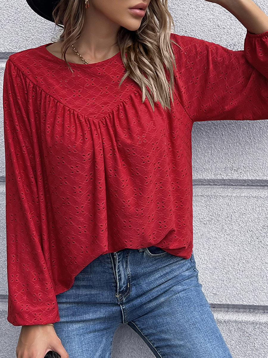 Round Neck Casual Loose Hollow Embroidered Long Sleeve Blouse