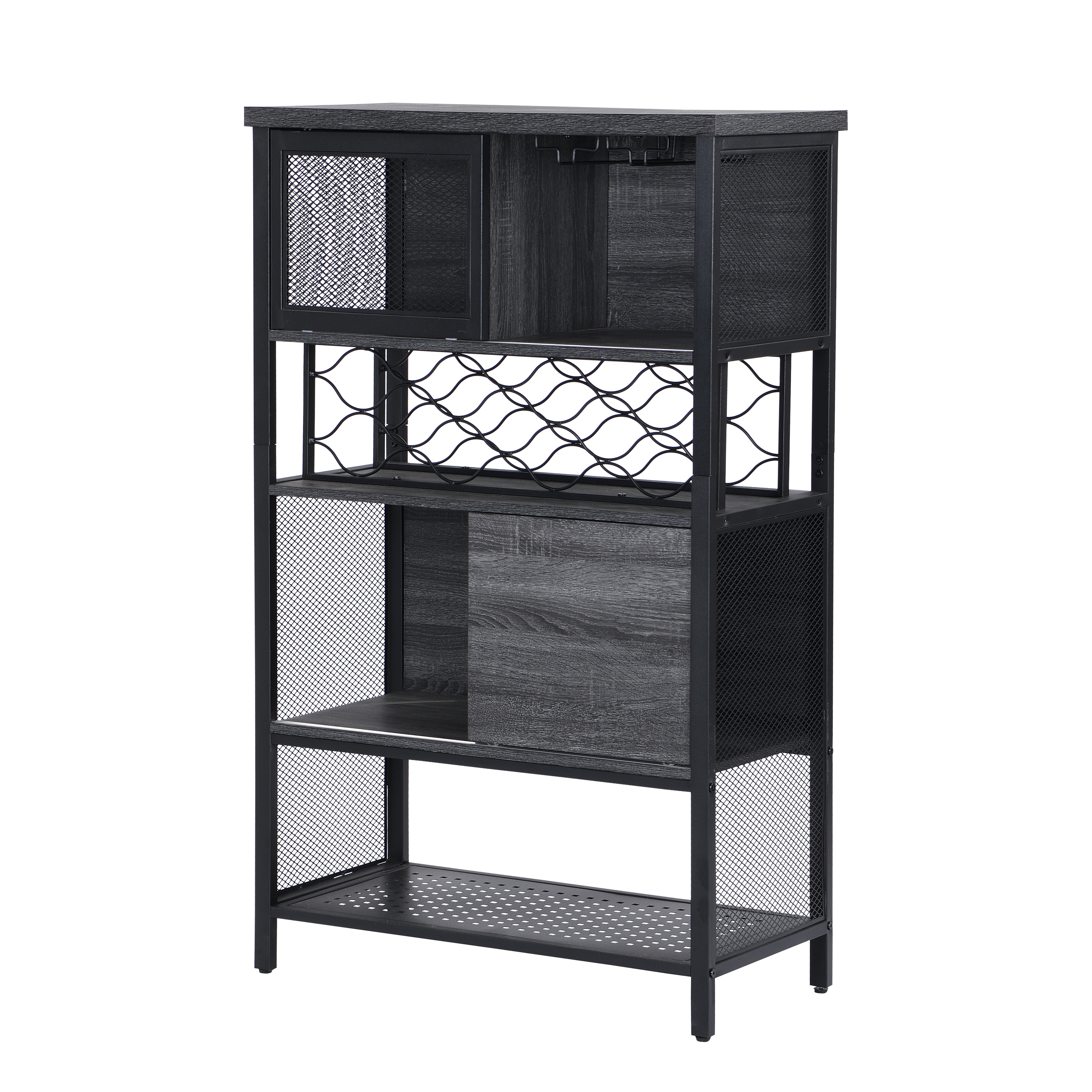 Bar Cabinet with Wine Storage， Free Standing Wine Rack w/ 5-Tier Shelves， Kitchen Storage Cabinet with Sliding Door， 6 Glass Holder， 11 Bottle Racks， Mesh Shelf， Gray