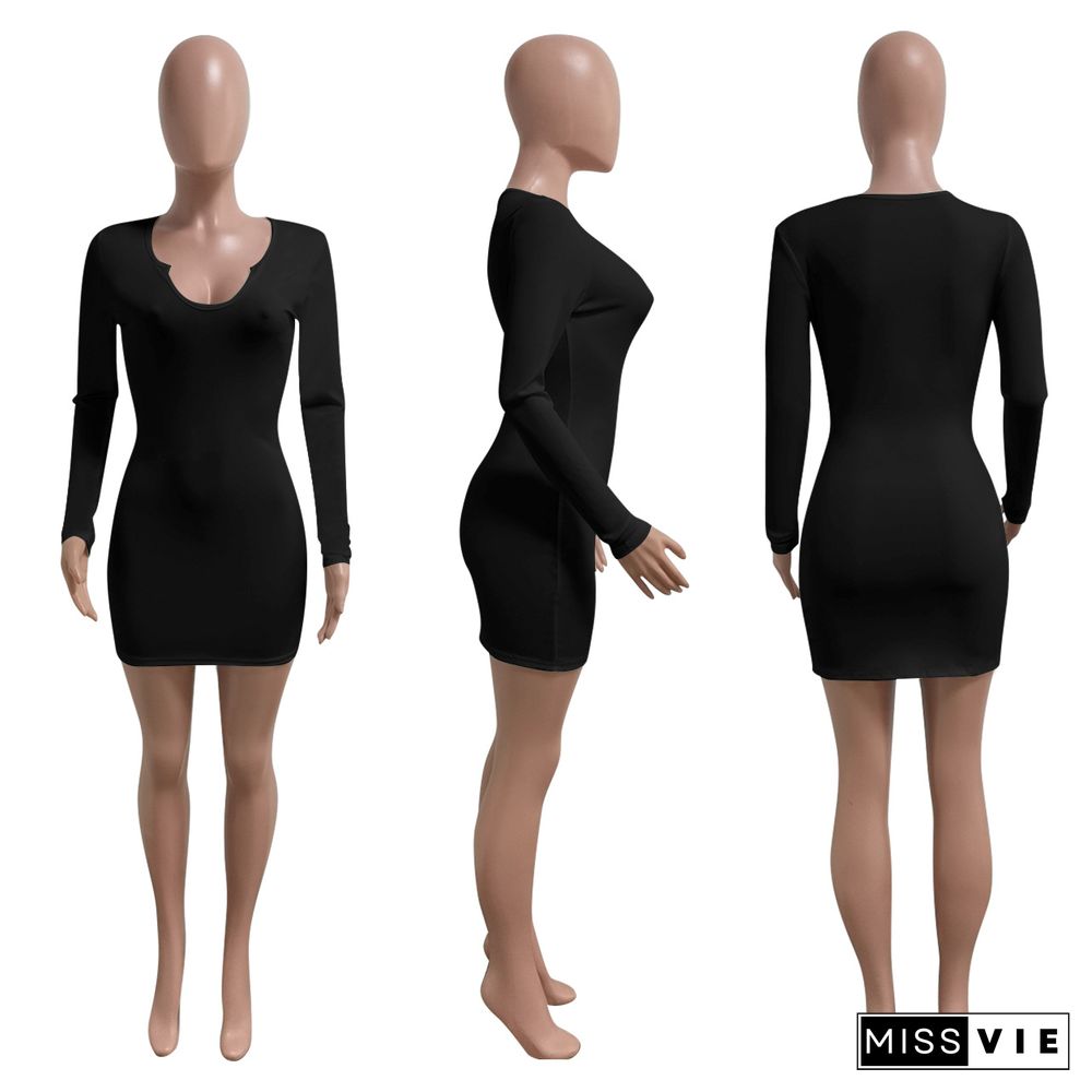 Summer Women Solid Color Long Sleeve Deep V Neck Sexy Bodycon Casual Mini Dress