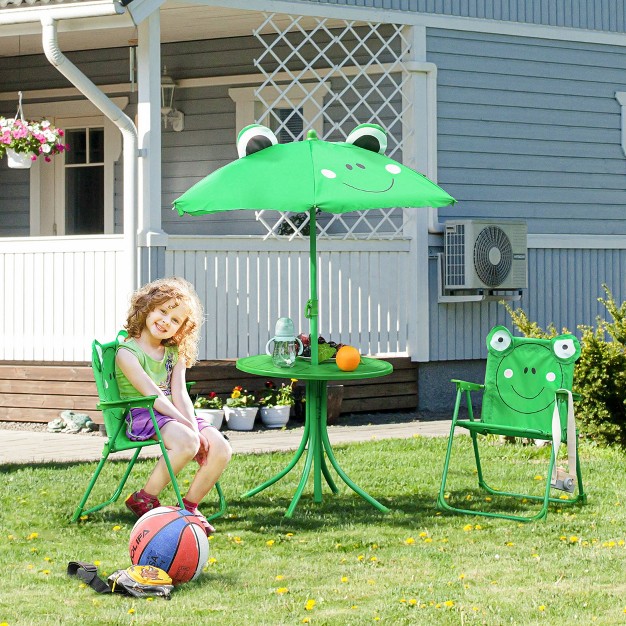 Outsunny Folding Kids Table And Chair Set Picnic Table With Frog Pattern Removable amp Height Adjustable Sun Umbrella For Garden Backyard Green