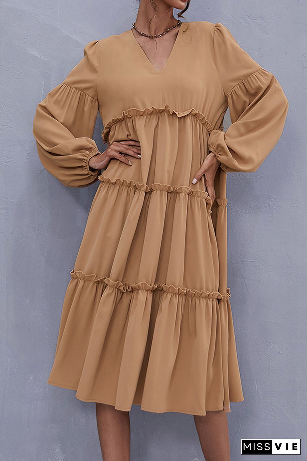 Ruffle V-neck Long Sleeve Dress with Belt Wholesale