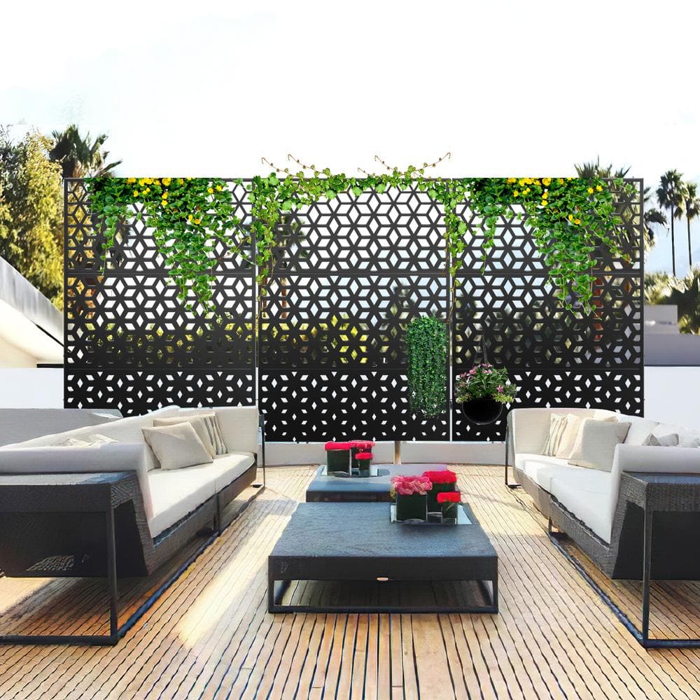 FENCY 76 in. Galvanized Steel Garden Fence Outdoor Privacy Screen Garden Screen Panels Rhomb Pattern in Black A-GE04031