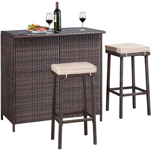 3-Piece Rattan Wicker Bar Height Patio Set for Outdoors， Bro - Overstock - 37150379