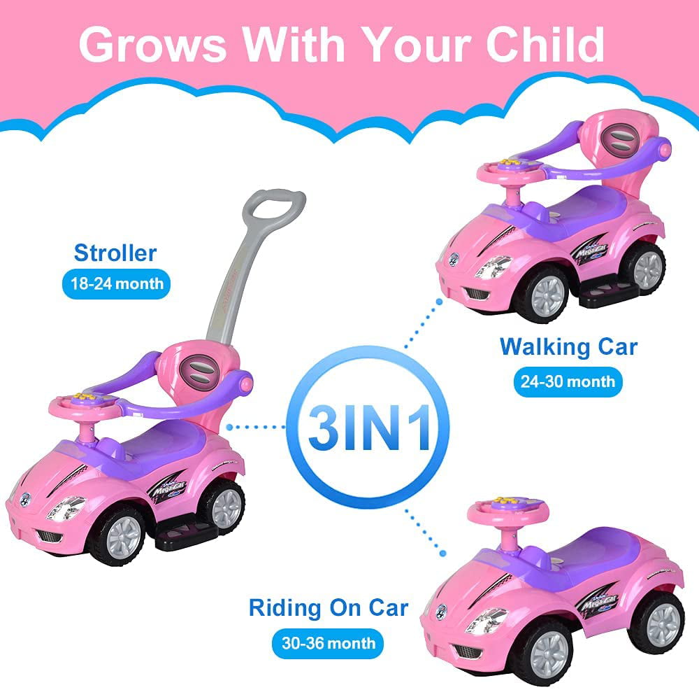 ChromeWheels 3 in 1 Ride on Toys Pushing Car with Guardrail Pink