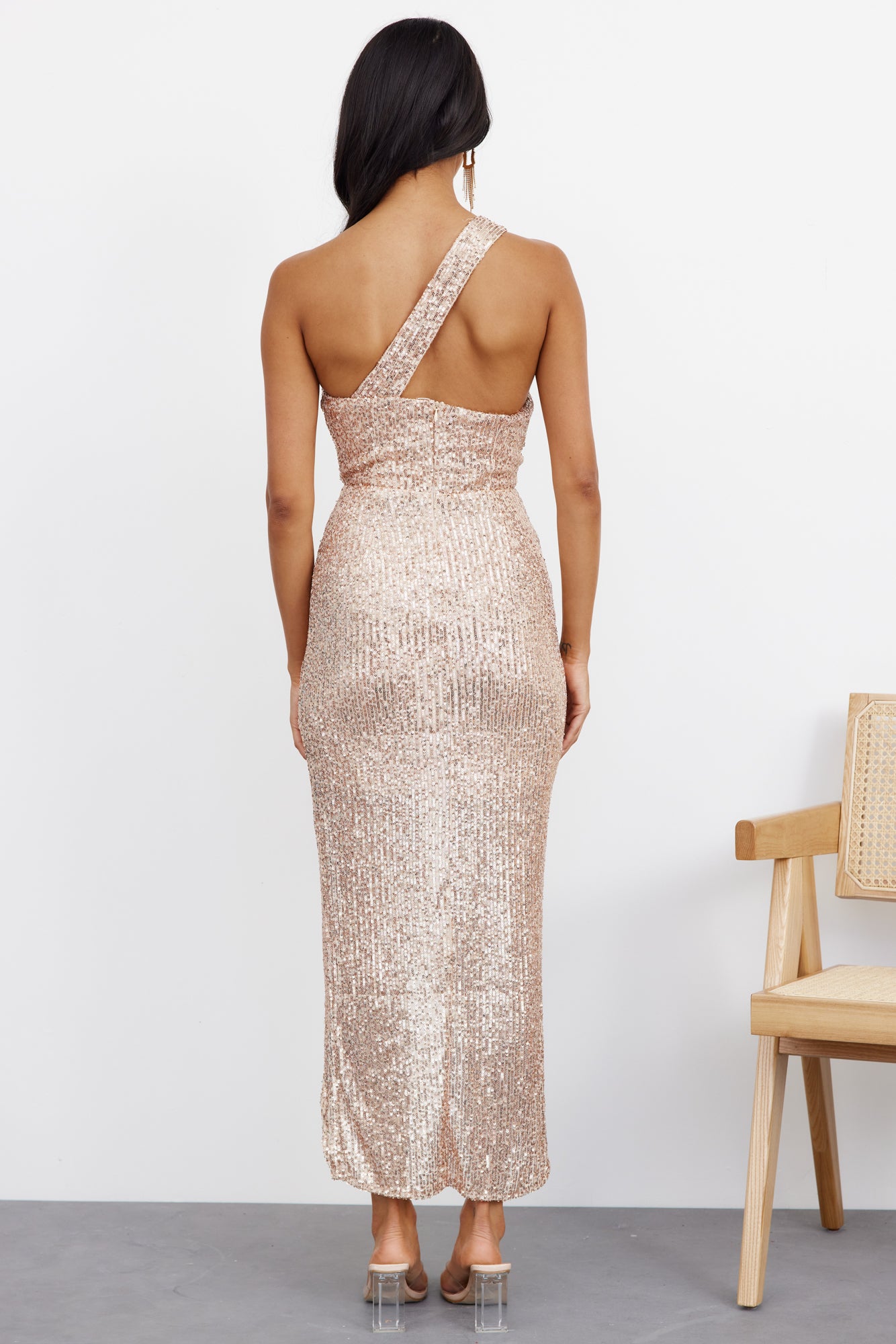 Like A Feather Midi Dress Rose Gold Sequin