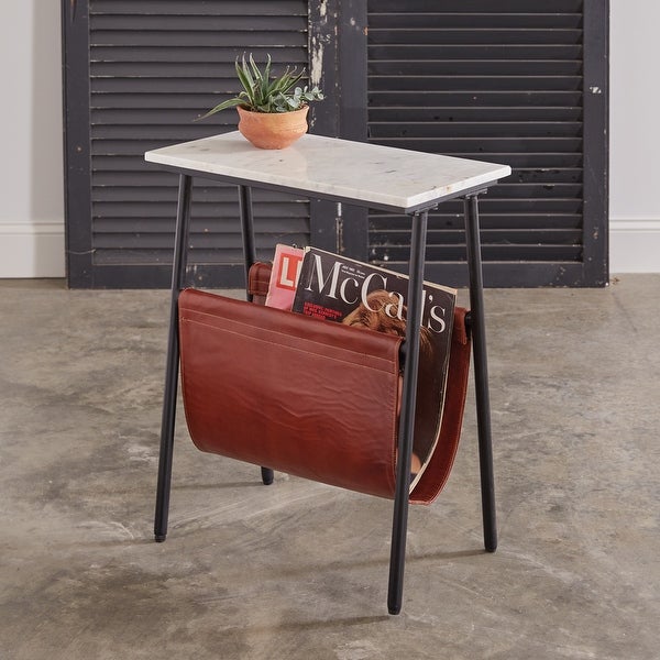 Marble Top Leather Sling Side Table - 18''W x 10''D x 24?''H