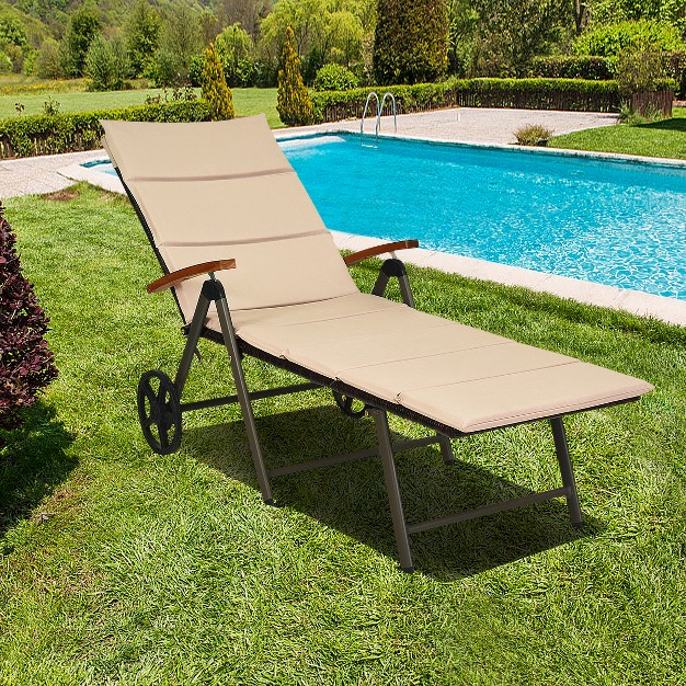 Tangkula Folding Outdoor Rattan Chaise Lounge Chair Cushioned Recliner W Wheels Beige