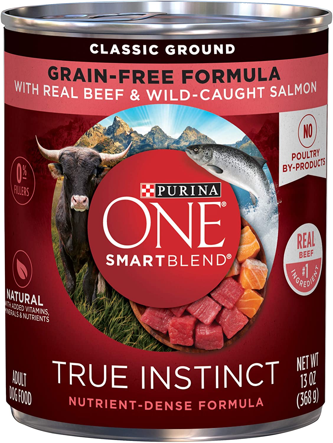 Purina ONE Grain Free， Natural Pate Wet Dog Food， SmartBlend True Instinct With Beef and Wild Caught Salmon - (12) 13 oz. Cans