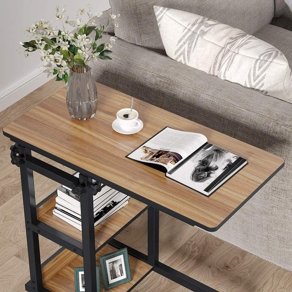 Height Adjustable C Table with Storage Shelves and Wheels， Mobile Sofa Side Table End Table Snack Table