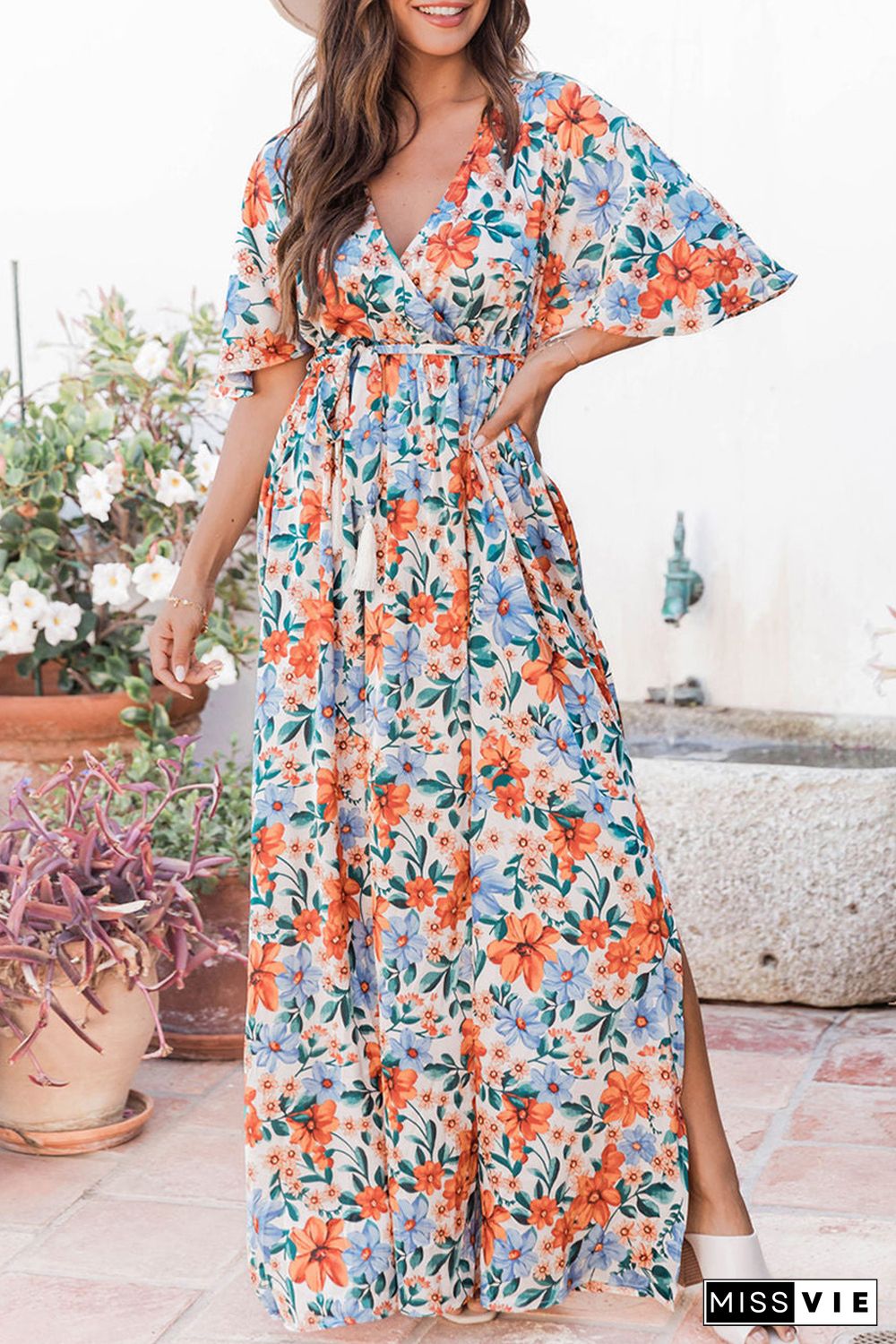 Sky Blue Floral Print Wrap Belted Maxi Dress