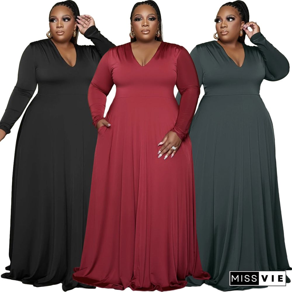 V Neck Long Sleeve Big Hem Plus Size Dress