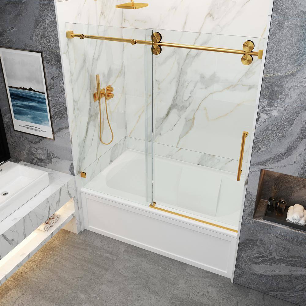 MCOCOD 60 in. W x 60 in. H Single Sliding Frameless Tub Door in Brushed Gold with Smooth Sliding and 38 in.(10 mm) Clear Glass SS04-60x60-BG