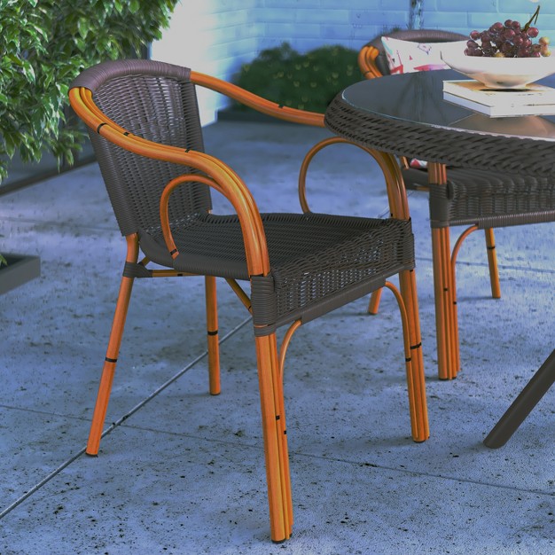 Merrick Lane Esna Series Stacking Rattan Patio Chair With Bamboo Look Aluminum Frame And Integrated Arms