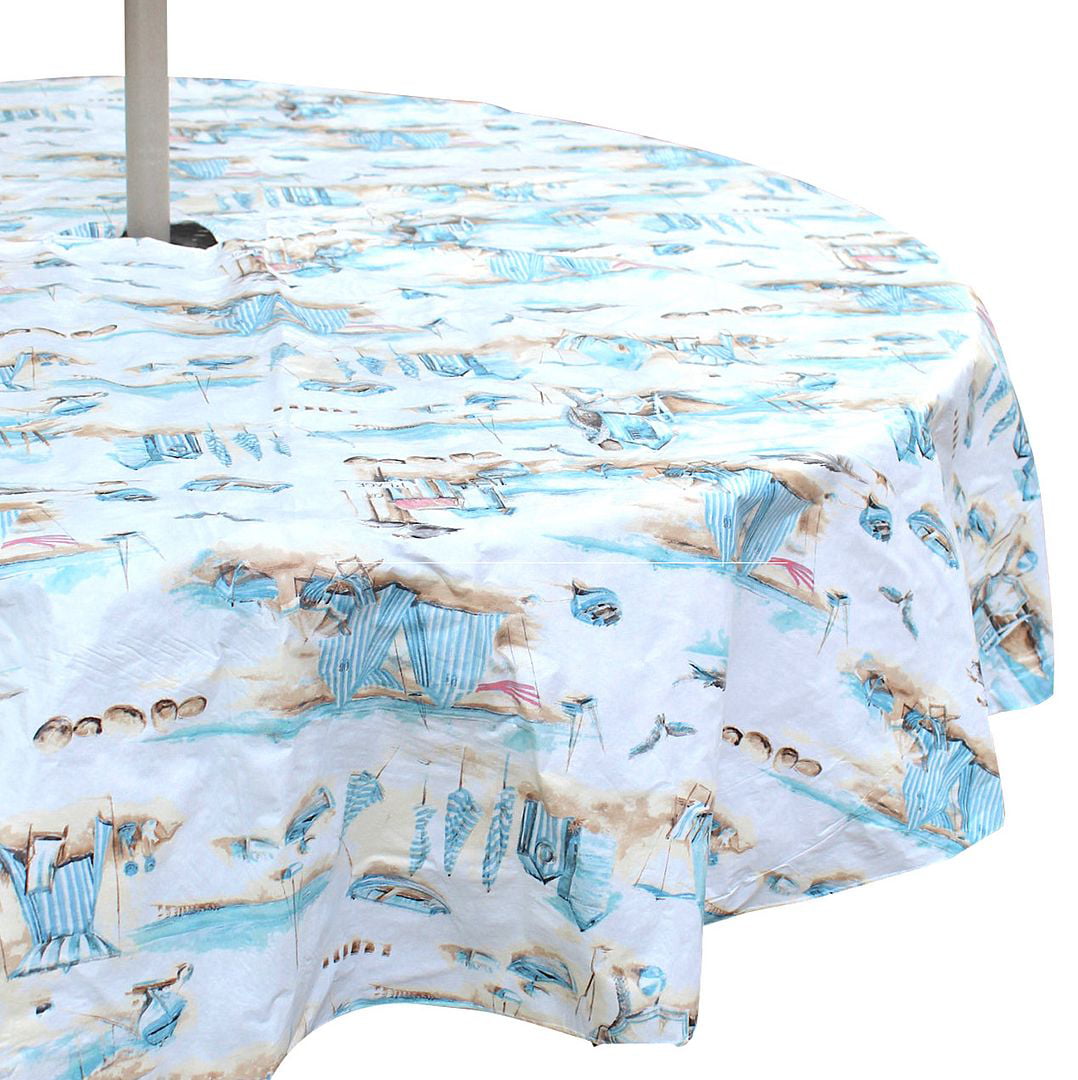 Summer Old Fashion Seaside Villas Coastal Vinyl Tablecloths: Patio Table Umbrella Tablecloth with Hole and Zipper, Blue Tan White, 70" Inch Diameter Round