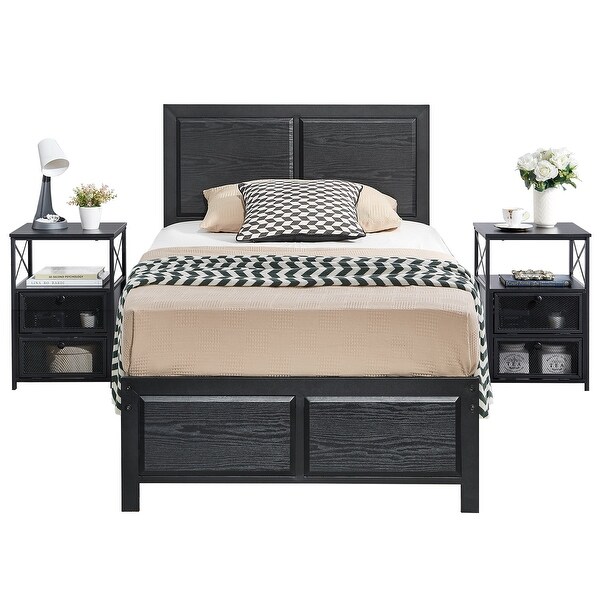 Industrial 3 Piece Bedroom Set Platform Bed Frame and Nightstands Set of 2， Black - - 37127705