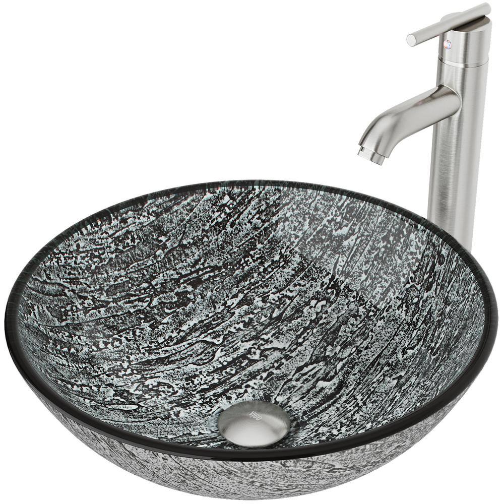 VIGO Glass Round Vessel Bathroom Sink in Titanium Gray with Seville Faucet and Pop-Up Drain in Brushed Nickel VGT827