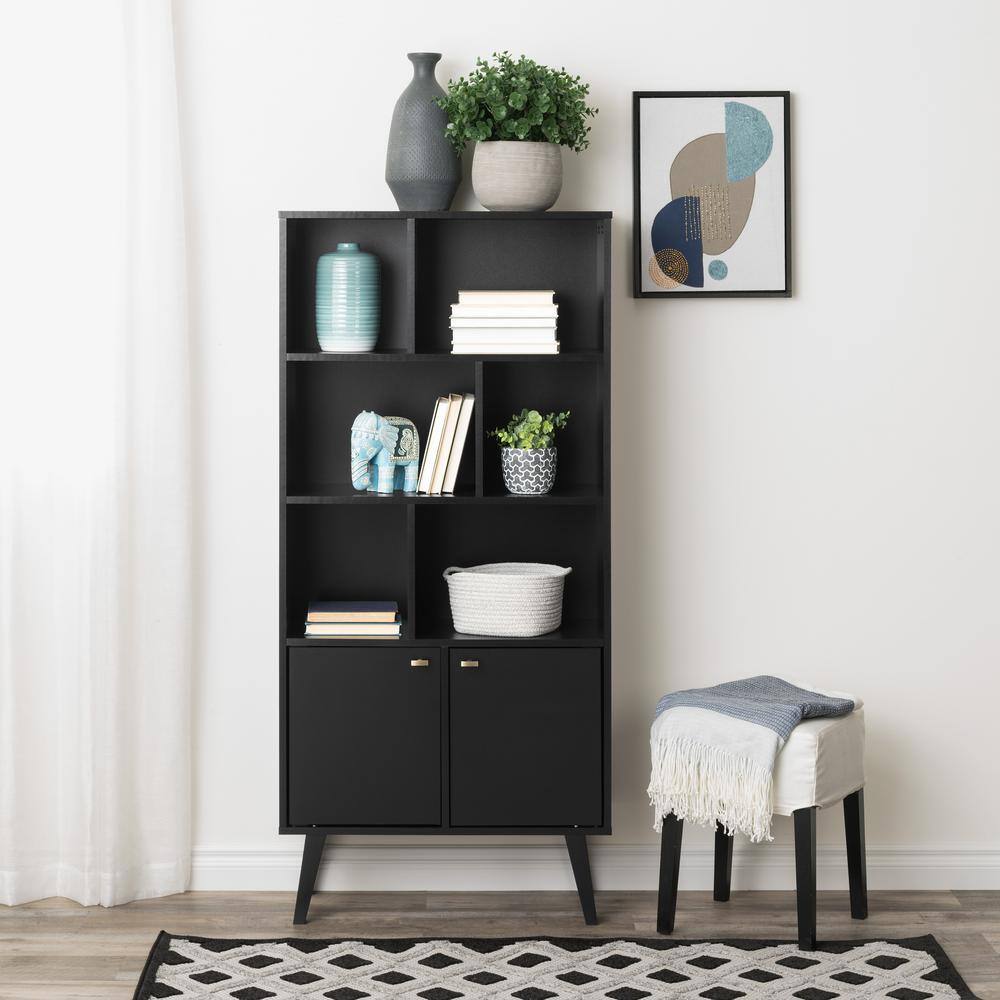 Prepac Milo Mid-Century Modern Bookcase with Inlet Shelves Two Doors and Brushed Brass-Finished Knobs Black BSBL-1418-1