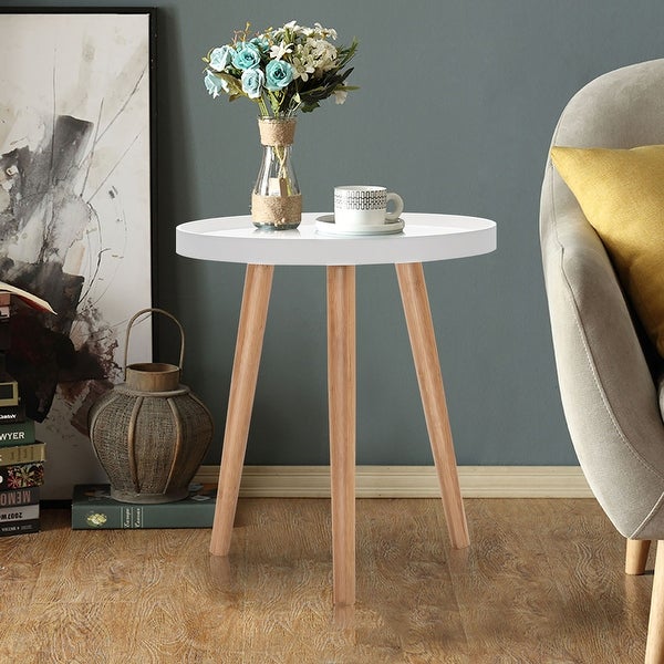 Round Side Table End Table with Wooden Tray Sturdy Sofa Beside Table