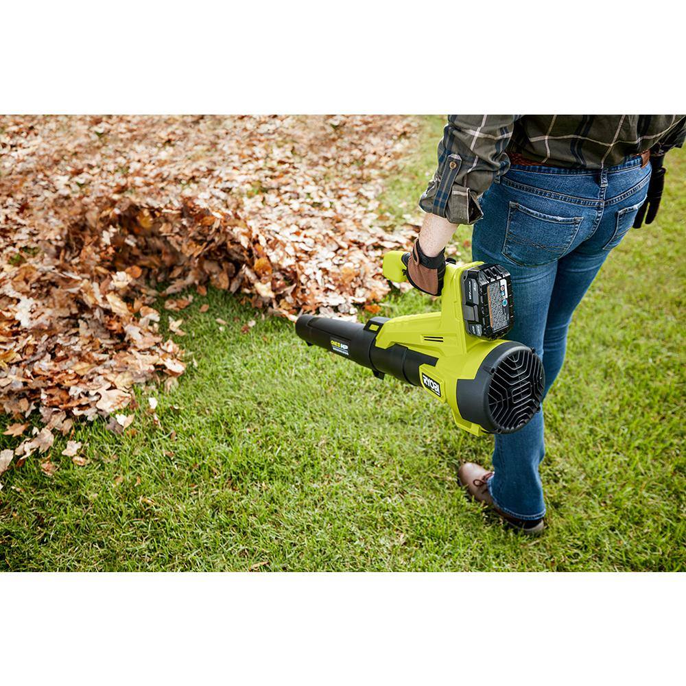 RYOBI ONE+ HP 18V Brushless 110 MPH 350 CFM Cordless Variable-Speed Jet Fan Leaf Blower w 4.0 Ah Battery and Charger P21120