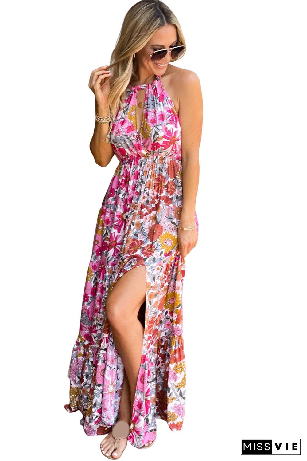 Pink Lace-up Halter Backless High Waist Floral Maxi Dress