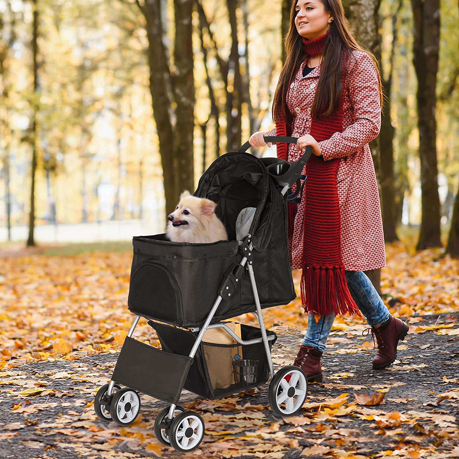 Pet Stroller， 4 Wheel Dog Stroller for Small Medium Dogs and Cats， Easy to Walk Foldable Carrier Strolling Cart with Storage Basket and Cup Holder